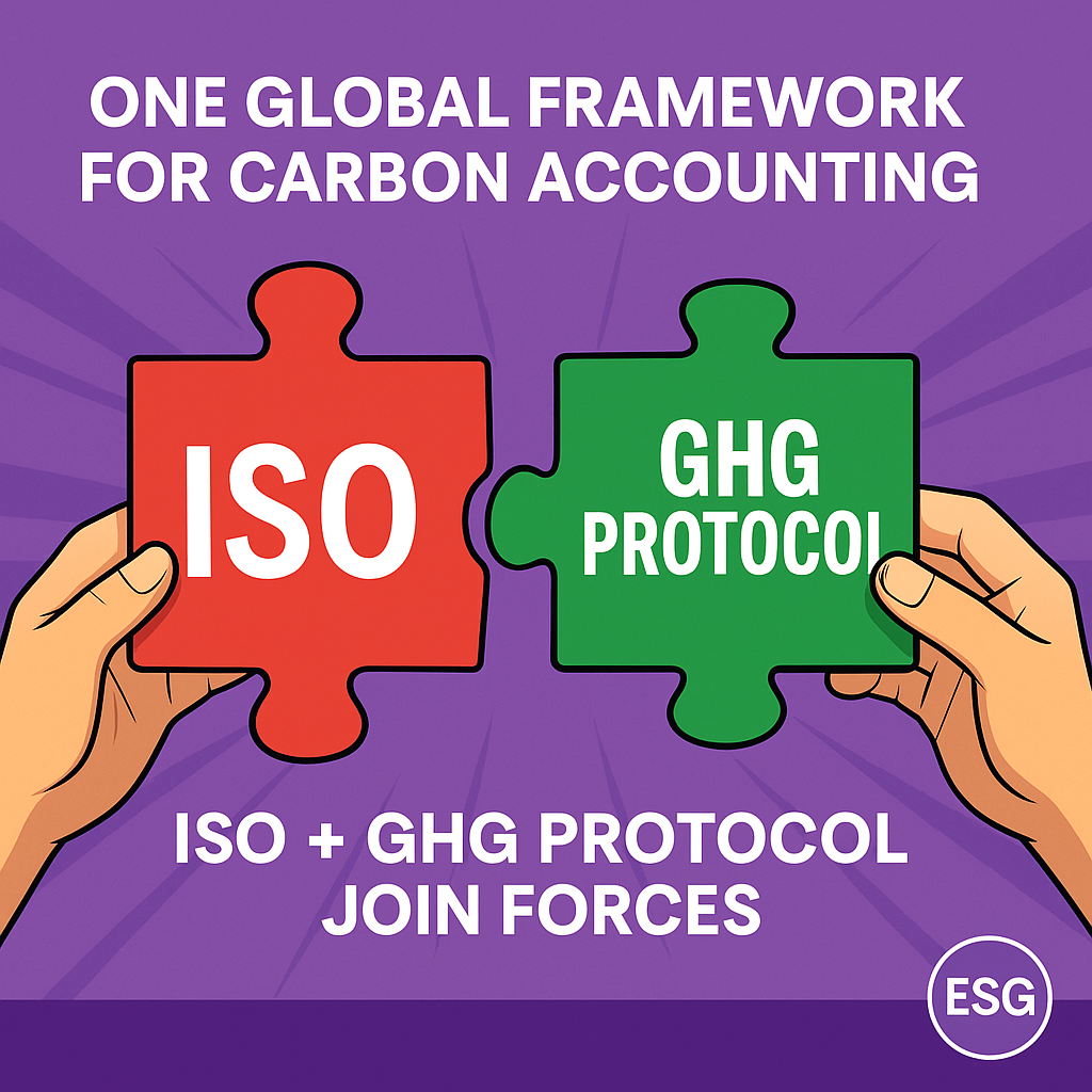 Hands connecting red ‘ISO’ and green ‘GHG Protocol’ puzzle pieces on a purple background with text ‘One Global Framework for Carbon Accounting – ISO + GHG Protocol Join Forces